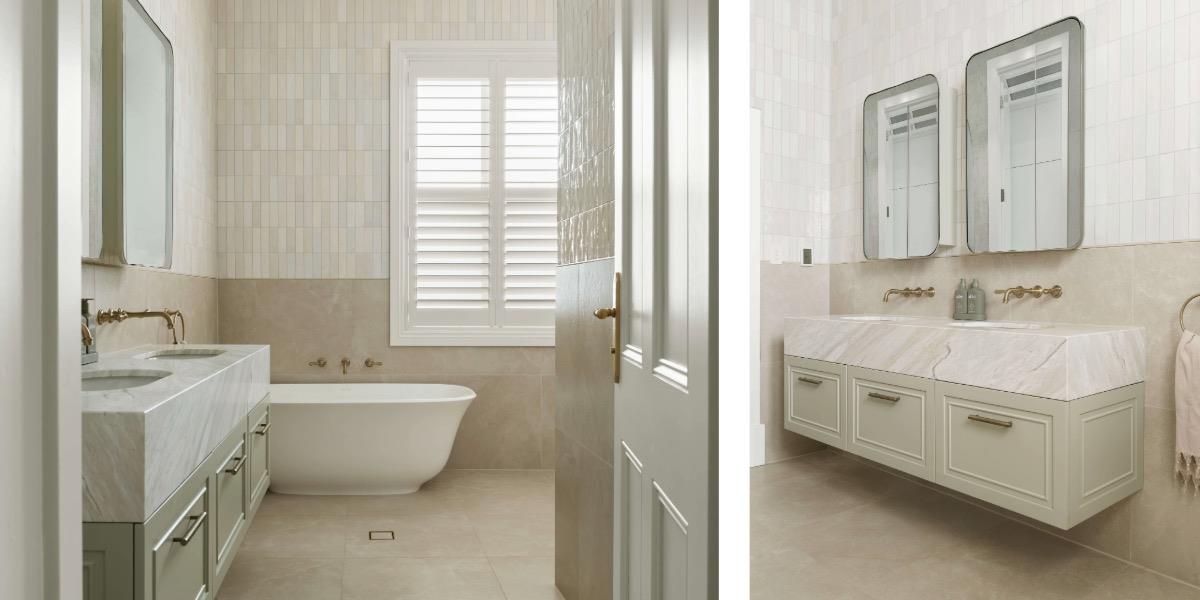 Adelaide’s Francesca Demicoli (Francesca Demicoli Designs) wrapped a 600 x 600 honed floor tile up the walls in this narrow-width bathroom, successfully enhancing the sense of space and volume.